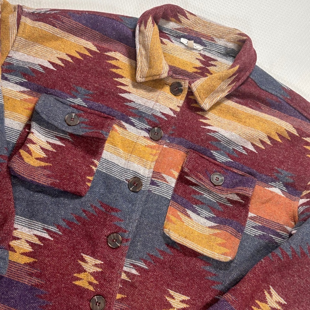 JODIFL Womens 3X Southwestern Geometric Shacket Burgundy Mustard Aztec